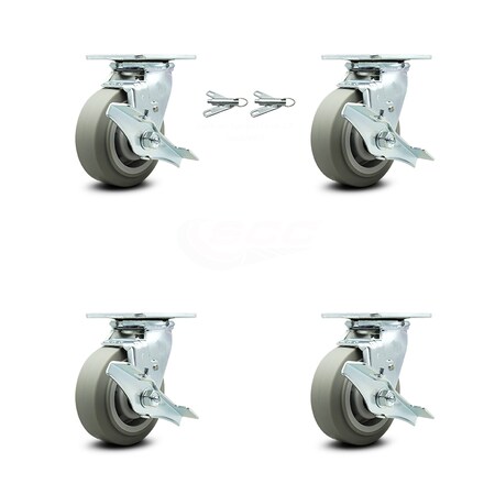 Service Caster 5 Inch Thermoplastic Rubber Caster Set with Roller Bearing 4 Brake 2 Swivel Lock SCC-30CS520-TPRRF-TLB-BSL-2-TLB-2